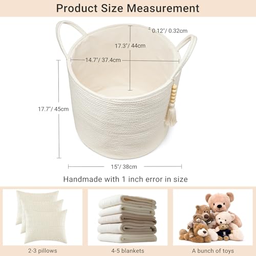 Mkono Tall Laundry Basket Woven Decorative Rope Storage Basket Wooden Bead Decoration for Blankets Toys Clothes Shoes Organizer Bin with Handles Living Room Home Decor, 15" W x 17.7" L, White - color: White, size: 15"W x 17.7"L