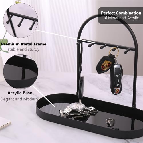 Shinpuru Metal Jewelry Organizer Stand & Key Holder Tray with Acrylic Base, Key Stand and Jewelry Tray with 5 Hooks, Perfect Bowl, Valet, Key Tray, Ring Holder, Jewelry Dish(Matt Black) - color: Matt Black
