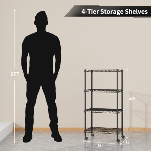 Golpart Small 4 Tier Shelves Storage Wire Shelving Unit Metal Shelf Adjustable Organizers Storage Shelving with Wheels for Bathroom Laundry Room Kitchen Pantry12”D x 18”W x 44.8”H Black - color: Black, size: 4 shelves (12 "D X 18 "W X 44.8 "H)