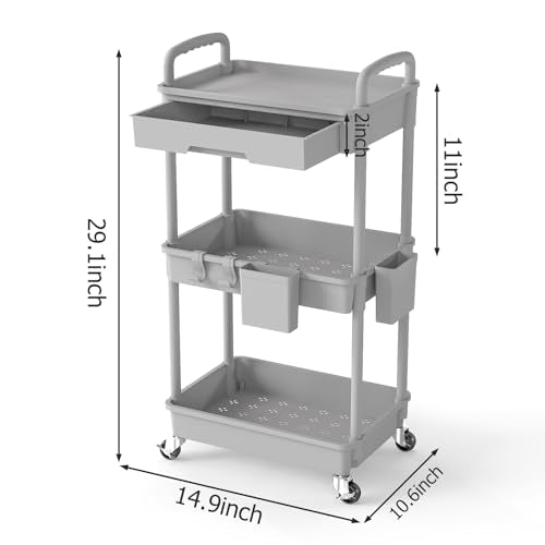 3 Tier Rolling Utility Cart with Drawer, Plastic Storage Organizer Rolling Carts with Wheels Handles Hanging Cups Hooks for Office, Bathroom, Kitchen,Craft Art Room (Grey) - color: Gray, size: 3-Tier