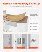 VEVOR Folding Sewing Table, Multipurpose Sewing Machine Table with Cabinet, Charging Station, Compact Design, Wheels, Wooden Pegs, Storage Trays and Shelf, Craft Station and Side Desk for Home - size: Natural White w/ Cabinet