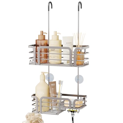 SWTYMIKI Shower Caddy Hanging Organizer - Over the Door Shower Caddy with Soap Holder, 11 Hooks, 2 Installation Ways, Stainless Steel Rustproof Bathroom Organizer, Sand Nickel - color: Sand Nickel