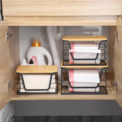 ALOCEO 3 Pack Stackable Storage Bins with Lids, Stainless Steel Trash Bag Dispenser Roll Holder for for Kitchen Sink, Laundry, Pantry Organizer and Storage - color: 3-pack - Xl&l&s Black