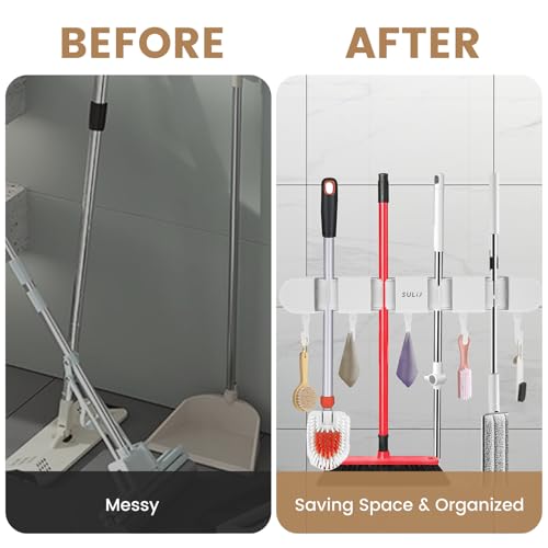2Pcs Broom Holder Wall Mount, No-Drilling Self-Adhesive Mop and Broom Storage Rack with Hooks (4 Racks with 5 Hooks), Wall-Mounted Broom Hanger for Bathroom, Kitchen, Closet, Garage (White ﻿) - color: White ﻿