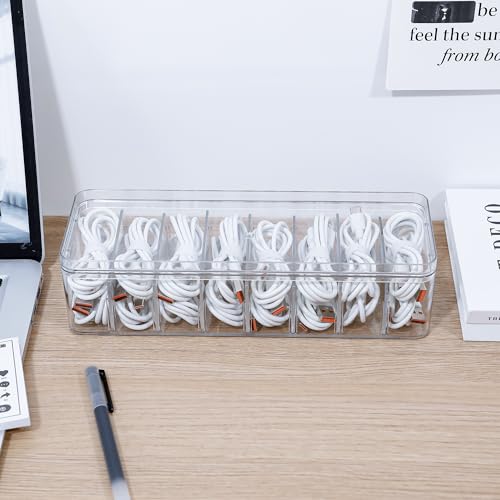 Cord Storage Organizer for Desk Drawer, Plastic Adjustable Cable Organizer Box with Lid and Wire Ties, Clear Phone Charger Case for Home Office - size: 1 Pack