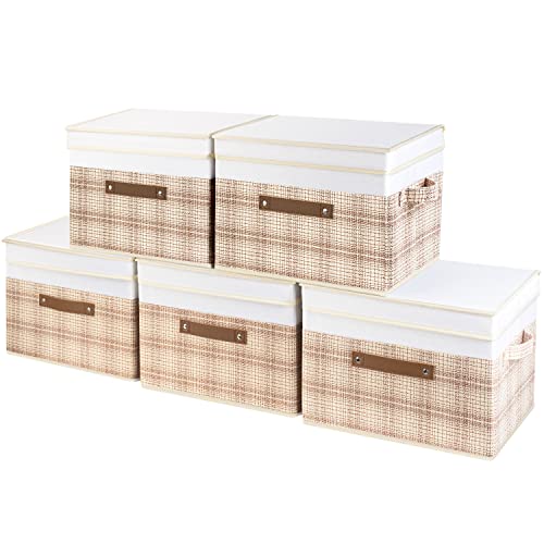 TYEERS Collapsible Storage Bins with Lids, Patchwork Design, Washable, Fabric Storage Boxes, 14.9x9.8x9.8 inches, 5 Pack, Camel Tan - color: Camel Tan & White, size: 5-pcs 14.9x9.8x9.8 in