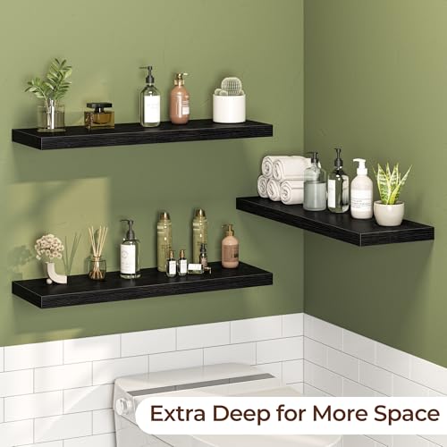 Fun Memories Floating Shelves for Wall 30 Inch Set of 3, Farmhouse Floating Shelves with Invisible Heavy Duty Bracket, 10 Inch Deep Bathroom Shelves for Storage, Living Room, Kitchen, Decor, Black - color: Black, size: 30"W x 10"D - 3P