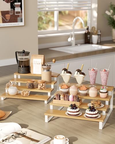 SONGMICS Display Risers, Set of 2 Engineered Wood Perfume Organizer Stand, 4-Tier Cupcake Stand Holder, Spice Rack, Shelf Risers for Figures, Dessert Shelves, Natural Beige and Cloud White UKCS216N02 - color: Natural Beige + Cloud White, size: 4 Tiers