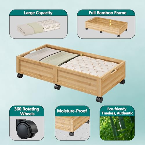 WISUCART Wood Under Bed Storage Containers Underbed Organizer with Wheels Sturdy Wood Rolling Under Bed Shoe Storage Organizer 2 Packs (Nature, Large) - color: Nature
