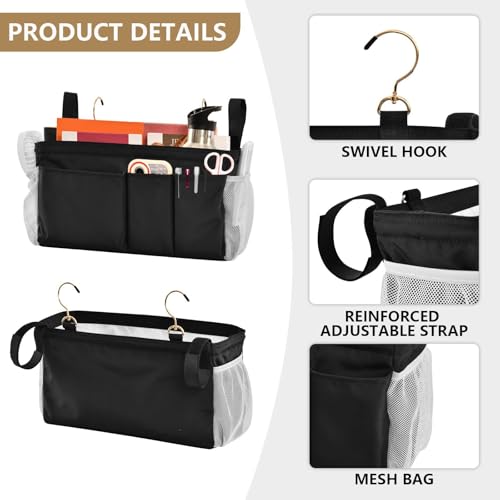 Black Bedside Caddy Storage Bag Bedside Organizer for Bed Rails College Dorm Room Organizer Caddy Hanging Shelf 6 Pockets with Hooks for Drinks Magazine Phone Holder - color: Black