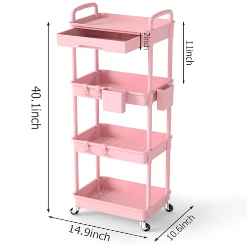 4 Tier Rolling Utility Cart with Drawer, Plastic Storage Organizer Rolling Carts with Wheels Handles Hanging Cups Hooks for Office, Bathroom, Kitchen,Craft Art Room (Pink) - color: Pink, size: 4-Tier