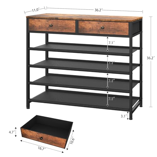 usikey Shoe Rack, 5 Tier Shoe Storage Organizer with 2 Drawers, Metal Shoe Shelf for 16-20 Pairs of Shoes, with 4 Oxford Fabric Shelves and Wooden Top, Shoe Stand for Closet, Rustic Brown UNYXJX009F - color: 5 Tier ( 36.2 X 11 X 36.2 Inches)-rustic Brown