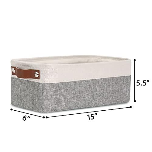 DULLEMELO Fabric Bathroom Storage Bin with Leather Handles, Narrow Organizer for Towels, Toilet Paper Rolls, Storage Basket for Back of Toilet, Vanities, Shelves & Cabinets (White&Gray) - color: White&Gray, size: Narrow-15"x6"x5.5"