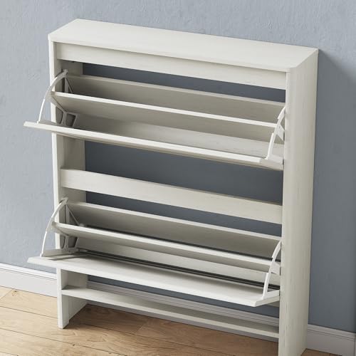 Shoe Storage Cabinet with 2 Flip Drawers, Freestanding Legs for Entryway, Slim Off White - size: 2 Flip Door