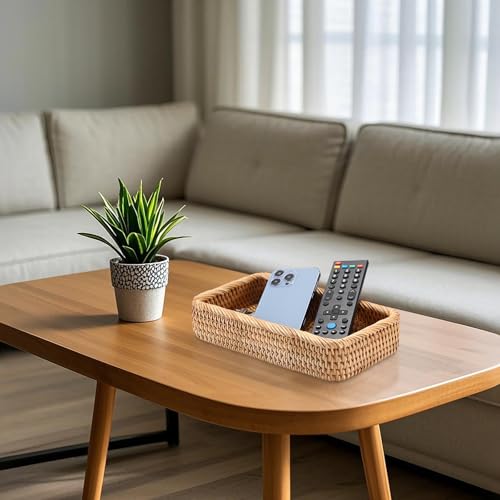 BTSKY Small Remote Basket for Coffee Table Entryway Living Room Rattan Serving Tray 10.1” x 6.1” Handwoven Wicker Baskets Decorative Tray for Wallet Remote Control Trinkets Rings Cosmetics Crackers - color: Natural, size: 10.1 x 6.1 x 1.8 inches