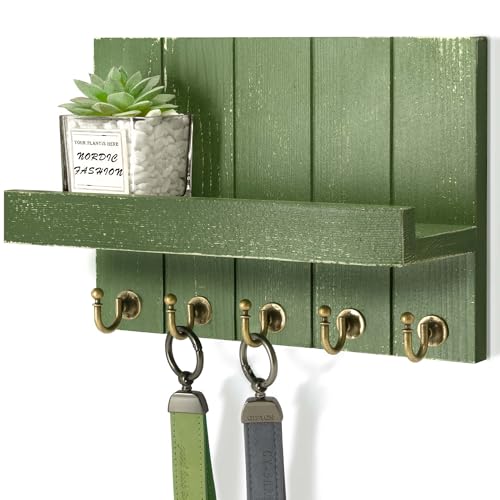 Rebee Vision Pine Wood Key Holder Wall Mount with Floating Shelf – Farmhouse Key Holder for Wall with Hooks – Hat Organizer for Room Decor and Entryway Organization (Green,3.54" x 10" x 7.28") - color: Green, size: 10 Inch