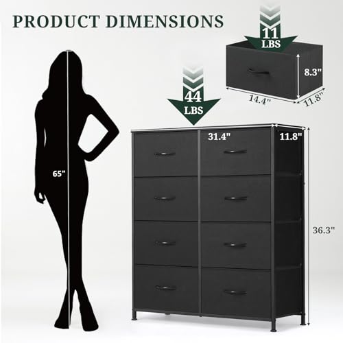 8-Drawer Dresser for Bedroom, Anti-Tip Tall Storage Organizer Chest of Drawers with Wooden Top and Metal Frame Fabric Bins for Closet, Living Room, Hallway, Entryway, Black - color: Black, size: 11.8"D x 31.4"W x 36.3"H (8 Drawers)