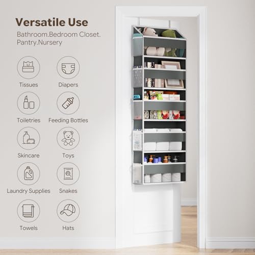 Simple Trending Over The Door Organizer, 5 Large Pockets and 10 Mesh Side Pockets with Clear Window for Bedroom, Bathroom, Pantry and Nursery, Dark Grey