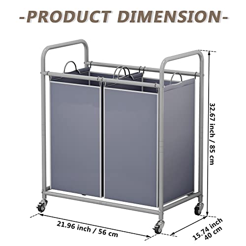 SUOERNUO Laundry Sorter Basket 2 Bag Laundry Hamper Cart with Rolling Lockable Wheels and Removable Bags Laundry Organizer Cart for Clothes Storage, Grey - color: Grey, size: 2 Bags