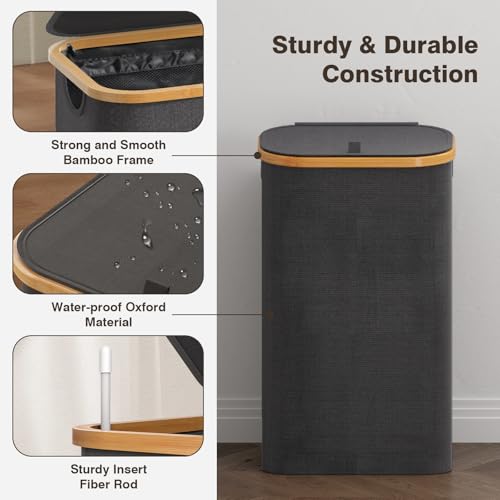 100L Laundry Hamper with Lid, Large Laundry Basket with Bamboo Handles, Clothes Hampers for Laundry with Removable Bag, Dirty Clothes Hampers for Bedroom Aesthetic, Grey - color: Grey