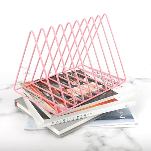 EASEPRES Vinyl Record Holder Storage, 9 Slot Metal Magazine Book Album Display Rack, Stylish Triangle Desktop File Sorter Organizer for Home Office, Pink Pack of 2 - color: 2 Pack Pink
