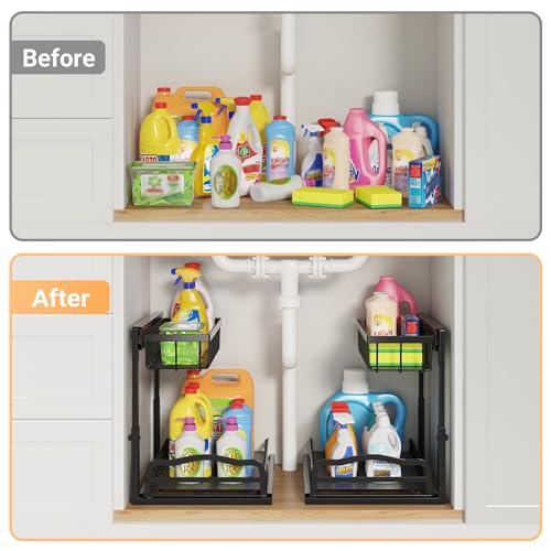 AceMining Under Sink Organizer 2 Pack, L-Shaped 2 Tier Pull Out Cabinet Organizer with Sliding Drawer, 5-Level Height Adjustable Metal Under Sink Storage for Kitchen, Bathroom Organization