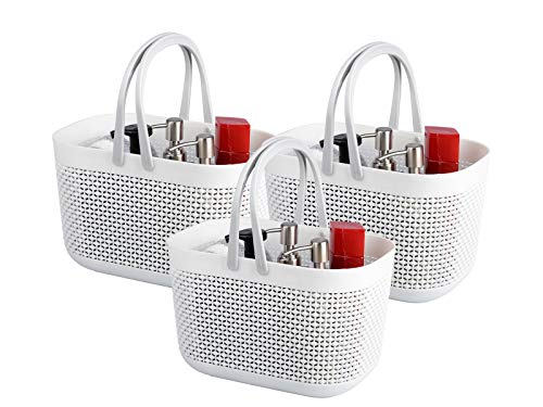 UUJOLY Plastic Storage Baskets with Handle Shower Caddy Organizer Bins for Home Bathroom Kitchen (3 Pack-White) - color: White, size: 3 Pack
