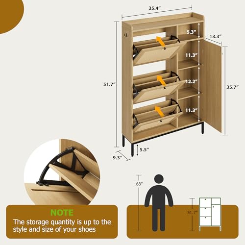 GarveeHome Shoe Cabinet Rattan with 3 Flip Drawers and 4-Tier Shoe Storage Cabinet, Freestanding Shoe Organizer with Adjustable Shelves for Entryway, Closet, Hallway (Light Oak) - color: Light Oak, size: 3-Drawers + 1-Door