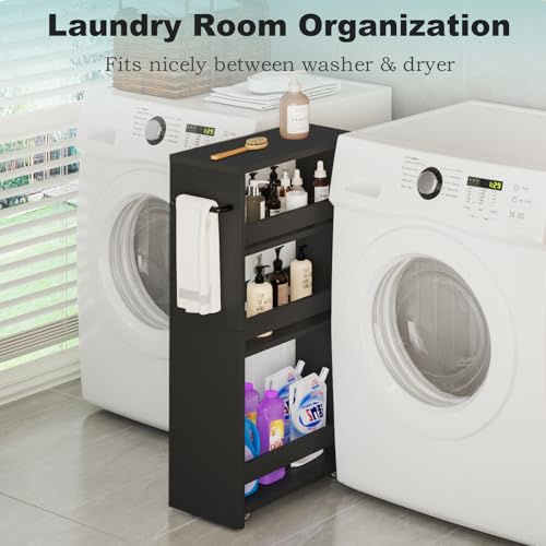 MARTY Rolling Storage Cart 7.9" W, 4-Tier Kitchen Cart with Wheels Handle, Slim Storage Cart Mobile Shelving Utility Carts for Bathroom Laundry Room Organization Narrow Places (All Black) - color: All Black, size: 7.9"D x 15.75"W x 31.5"H