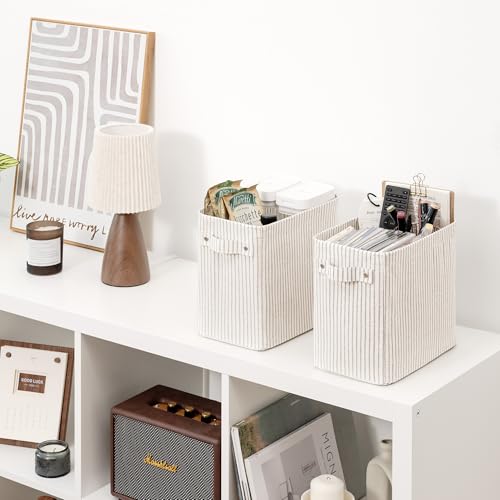 StorageWorks Narrow Storage Bins, Small Basket for Closet and Shelves, Rectangular Fabric Organizer with Handles, Toilet Paper Storage, Khaki and Beige Stripes, 2-Pack - color: Khaki and Beige Stripes, size: 10¾"L x 6 ½"W x 9¼"H