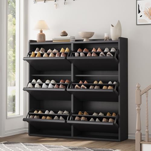 GarveeHome Shoe Cabinet with 6 Flip Drawers, Wooden Shoe Organizer Cabinet with Adjustable Shelf, Shoe Storage for Entryway, Hidden Shoe Cabinet for Hallway, Living Room, Black - color: Black, size: 6-Drawers
