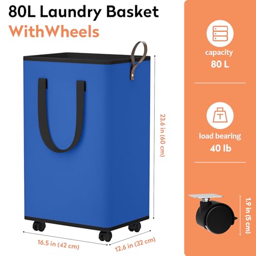 SpaceTrove Laundry Basket with Wheels, Collapsible Laundry Baskets, Laundry Hamper with Handles Detachable Wheels, Rolling Laundry Basket, Dirty Clothes Hamper for Bathroom, Dorm, Bedroom, Blue, 80L - color: Blue, size: 80L
