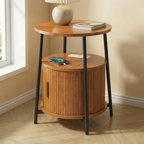 Round End Tables with Drawer: Fluted Side Table with Charging Station, Mid-Century Modern Nightstand with Sliding Door for Small Space Storage, Living Room, Bedroom - color: Honey Walnut, size: 1 PACK
