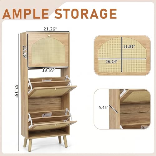 Karl home Shoe Rack Storage Organizer, Rattan-Panel 3-Tilt-Out Shoe Storage Cabinet, Hidden Shoe Storage for Entryway,Ideal for Heels,Slippers,Casual Shoes,Natural Wood Finish - color: Natural Wood Finish, size: 3-Tilt-Out