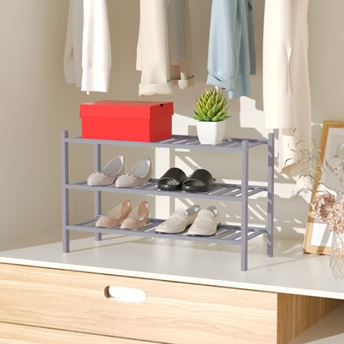 RONGJlA 2 Tier Bamboo Shoe Rack for Closet Free Standing Wood Shoe Shelf Storage Organizer for Entryway Small Space Stackable, Grey - color: Grey, size: 3-Tier-Regular