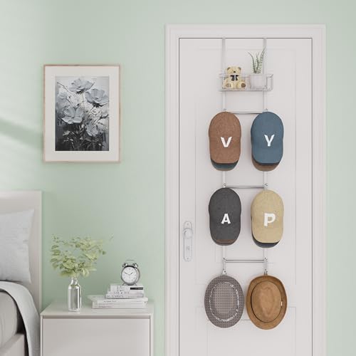 HapiRm Over Door Hat Rack - Wall Mounted Hat Organizer with 6 Hooks and Metal Basket Design, Baseball Cap Organizer Storage Holder Up to 32 Caps for Door, Bedroom, Closet (Sliver) - color: Sliver, size: 1 Pack