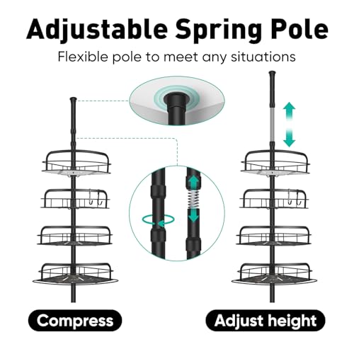 BlumWay Corner Shower Caddy Tension Pole, 4-Tier Adjustable Shower Organizer Shelves, Rustproof Bathroom Shower Organizer Corner Shelf for Bathtub Shampoo Storage, 32 to 116.5 Inch Height