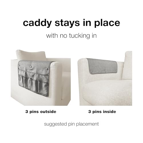 No Tuck Armchair Caddy with Matching Pin Fasteners - 19 x 24 Inches - No Tucking, No Slipping - Armrest Organizer for Recliner and Couch (Gray) - color: Gray
