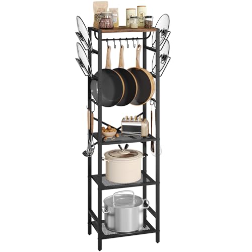 MAHANCRIS 4-Tier Pot Rack, Pots and Pans Organizer for Kitchen, Lid Organizer Rack with U-Shaped Lid Holders, Kitchen Storage Shelf for Standing Cookware, Rustic Brown and Black POHR3001 - color: Rustic Brown and Black