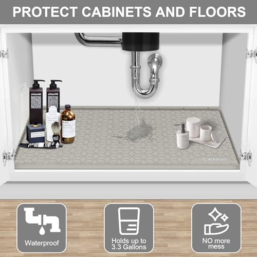 Under Sink Mat, 31" x 22" Waterproof Silicone Under Sink Tray for Kitchen & Laundry Cabinets, Kitchen Cabinet Shelf Protector, Up to 3.2 Gallons Liquid, Fits 36 inch Standard Cabinet (Khaki) - color: Khaki, size: 22"W x 31"L