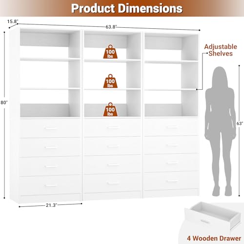 Aheaplus Closet Drawers Organizer System, 5.3FT Wood Closet System with 4 Drawers, Modular Walk-in Closets Storage Unit, Tall Bookshelf Storage Cabinet, White (3 Packs) - color: White, size: 63.8''