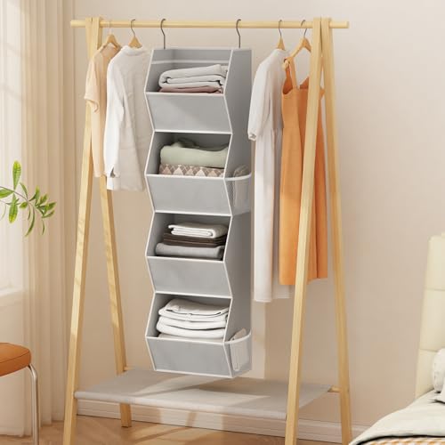 Hanging Closet Organizer 4 Shelf Collapsible Bedroom Closet Organizers and Storage Hanging with Mesh Pockets for Clothes, Fabric Hanging Storage Bins for Wardrobe Closet Organization and Storage, Grey - color: Grey-1 Pack, size: 4-shelf