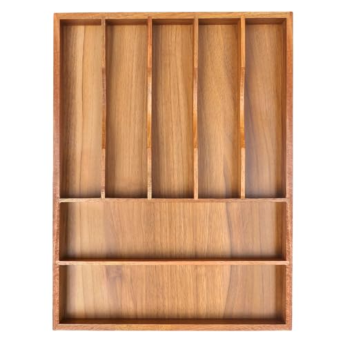 Bellsal Bamboo Silverware Organizer, 12"x15.7" Utensil Holder Cutlery Tray with Grooved Drawer Dividers for Kitchen Flatware, Bedroom, Office (7 Slot, Acacia) - color: Acacia, size: 7 Slots