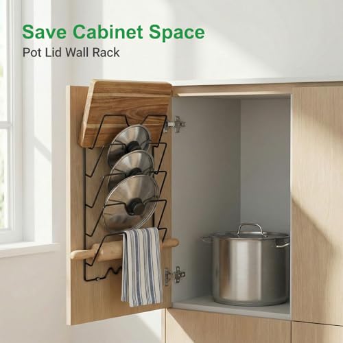 5-Tier Stainless Steel Pot Lid Organizer for Cabinet Door & Wall, Heavy-Duty Lid Storage Rack with 2 Installation Methods, Space-Saving Holder for Pots, Pans & Woks,Fits Small Kitchens