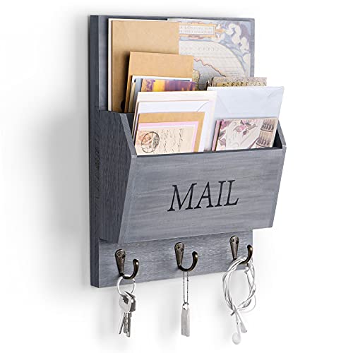 DLQuarts Mail Organizer with Key Holder for Wall Decorative Mail Sorter Wall Mounted, Wooden Mail Holder with 3 Hooks, Gray - color: Gray