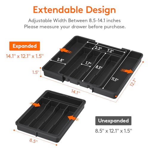Lifewit Expandable Silverware Organizer, Plastic Utensil Tray for Kitchen Drawer, BPA Free Flatware Cutlery Holder, Space-Saving Storage for Spoons Forks Knives, 8.5-14 x 12 x 1.5 inch, Black - color: Black, size: Medium (8.5-14''W x 12''D)