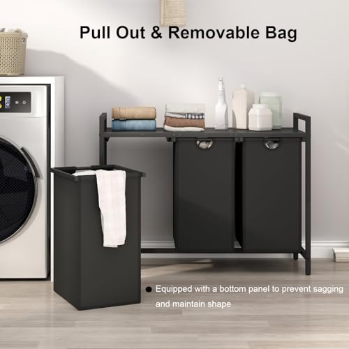 Laundry Hamper, Two -Color 3 Section Laundry Basket with 3 Removable Laundry Sorter Bags and Top Shelf, Clothes Hamper for Laundry Room, Bathroom - style: 3bags-Black Walnut