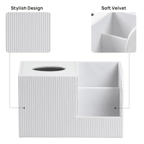 Square Tissue Box Cover with 2 Compartments Storage Organizer, PU Leather Tissue Box Holder with Remote Control Holder for Livingroom Nightstand, Multifunctional Cube Tissue Holder (White) - color: White