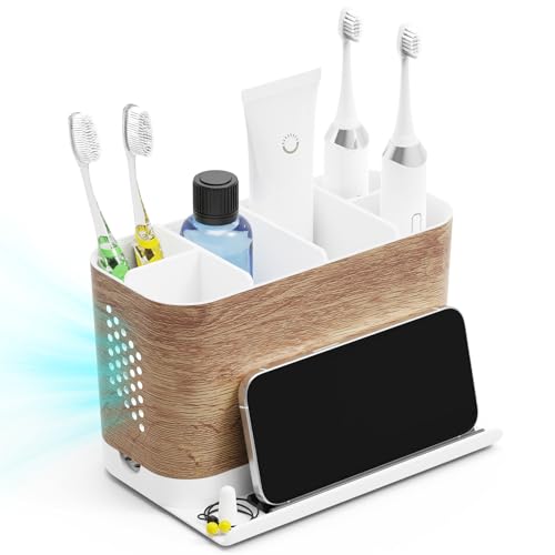 Bathroom Organizers and Storage 6 Slots Wood Grain Electric Toothbrush Holders with Phone Holder and Adjustable Dividers, Cord-Friendly Toothbrush Organizer with Drainage for Family, Kids - color: Wood Grain