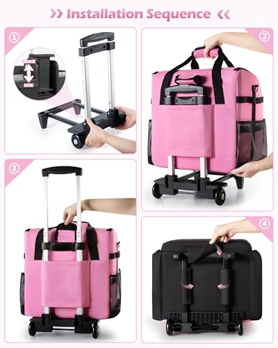 Marscamd Large Rolling Cleaning Caddy Bag with Detachable Trolley, Cleaning Supplies Organizer with Wheels for Housekeepers, Pink - color: Pink